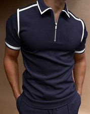 Polo Camiseta Hombres Cremalera Cuello 2 Tonos Moda Golf Azul Blanco Trim Tee