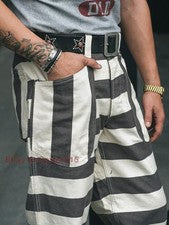Pantalones a Rayas Prisión Estilo Vintage Motocicleta Motociclista Informal Pantalones Hombres Sin Stock