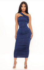 Vestido midi azul acanalado con cuello cruzado para mujer