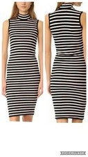 Maxi Vestido sin Mangas ATM Anthony Thomas Mujer S Acanalado Rayas Cuello Simulado Negro/Crema