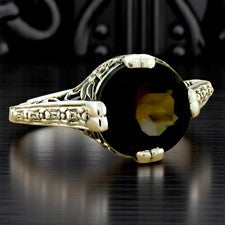 ANILLO ESTILO ART DECO PLATA ESTERLINA 925 DISEÑO CLÁSICO CUARZO AHUMADO GENUINO #150