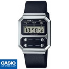 CASIO A100WEL-1AEF⎪A100WEL-1A⎪Vintage EDGY⎪Plata⎪ALIEN WATCH F-100⎪Correa Cuero