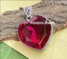 Colgante de corazón de joyería de plata de ley 925 hecha a mano con piedras preciosas de rubelita rosa