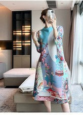 Vestido estampado retro para mujer plisado y holgado falda midi de moda