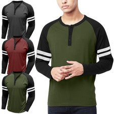 Camiseta Top Para Hombres Henley Lisa Manga Larga Cuello Abuelo Causal M - 3XL