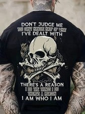 Camiseta Hombre Algodón Estampado Calavera, Estilo Deportivo Informal, Corte Suelto