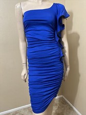 Mujer Azul Rayón Fiesta Verano Abierto Un Hombro Elastizado Ajustado Talla S Solero