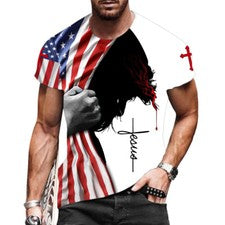 Camiseta Hombre Bandera Americano Cruz Cristiana Gráfico Manga Corta Camisa Moda
