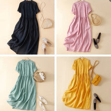 Verano Para Mujer Algodón Lino Vestido Informal Retro Solapa Botón Midi Vestidos Moda