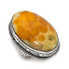 Anillo de regalo de joyería de plata de ley 925 hecho a mano con piedras preciosas de coral fósil talla 8 P542