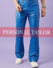 Pantalón de mezclilla de cuero de cocodrilo azul de piel de cordero para hombre estilo bootcut 5 bolsillos