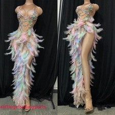 Mujer Moda Brillante Brillante Estampado Pluma Vestido Largo Cruz Baile Discoteca