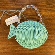 NUEVO CON ETIQUETAS Tommy Bahama Pez Cartera Tejido Mimbre Bolso sin asas Bolso de mano Bandolera Verde
