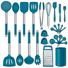 Juego de 27 utensilios de cocina de silicona de acero inoxidable con soporte