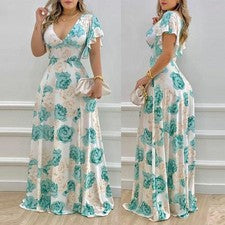 Damen Kleid Blumendruck V-Ausschnitt Atmungsaktiv Hohe Taille Maxikleid