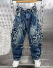 Nuevo Mono suelto de mezclilla de moda para hombre Pantalones cargo Bolsillos Jeans Pantalones rectos