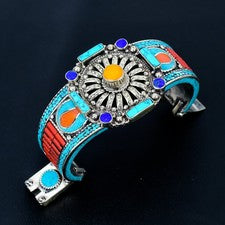 Brazalete nepalí de plata de ley 925 hecho a mano con lapislázuli turquesa coral amarillo F20