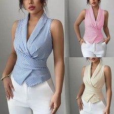 Camiseta sin mangas de moda para mujer color liso a rayas longitud regular