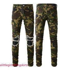 Pantalones de mezclilla para hombre rasgados ajustados de camuflaje estilo militar elásticos deshilachados parche de PU 