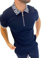 Camisetas Polo Hombre Cuello Cremalera Moda Informal Manga Corta Azul Marino Tee