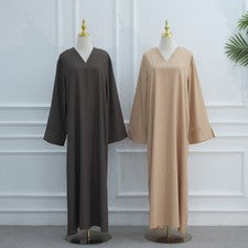 Vestido Abaya Musulmán Para Mujer Moda Cuello en V Rayas Elegante Modesto Bata Caftán