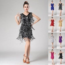 Vestido de baile de tango latino lentejuelas borlas sin mangas con escote en V para mujer