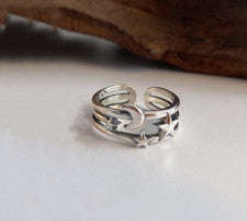 Anillo Retro Estrella Luna Ajustable Plata de Ley 925 Mujeres Niñas Joyería Regalo