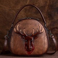 Bolsos de mano para mujer 100 % cuero genuino retro ciervo en relieve bandolera