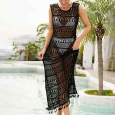 Mujeres Playa Verano Vacaciones Chaleco Maix Recorte Negro Vestido Bikini Cubierta Moda