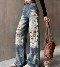 Pantalones de mezclilla para hombre azules de pierna recta de encaje florales pantalones bordados de moda