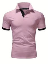 Camiseta Polo Cuello Abotonado Deportiva Moda Hombre Ribete Negro Rosa Sólido