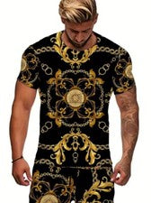 Camisetas Barroca Moda Negro Oro Amarillo Cadena Hoja Fiesta Hombres Manga Corta
