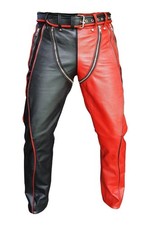 Pantalones de mezclilla de cuero genuino negro y rojo para motociclista estilo informal para hombre