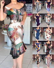 Sexy Vestido Para Mujer Estampado Verano Cuello Loto Línea Hombro Moda