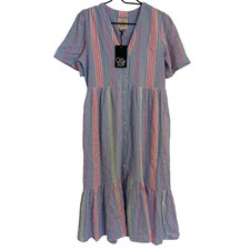 Vestido midi Chaser para mujer azul a rayas con botones delanteros en capas cuello en V manga corta S