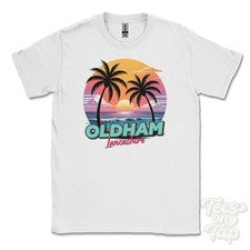 CAMISETA OLDHAM LANCASHIRE - Retro Estilo Miami Divertida Parodia de Verano Reino Unido