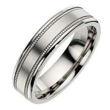 Anillo de titanio Millgrain diseño satinado alianza de boda corte plana 6 mm
