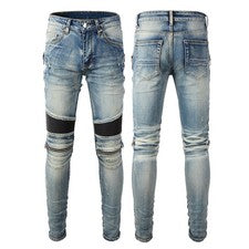 Nuevos Pantalones Pop Para Hombre Acanalados Rodilla Cremallera Estilo Calce Ajustado Azul Motociclista Jeans AM606