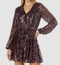 $159 Mini Vestido Bardot Para Mujer Rosa Lentejuelas Rayas Manga Larga Imitación Envolvente Talla S
