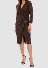 Vestido para mujer London Times marrón con lentejuelas envoltura sintética manga larga talla pequeña PL