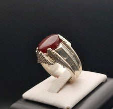 Anillo de plata ágata natural roja Aqeeq Yamani joyería artesanal para hombre