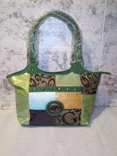 GUESS? Bolso Cartera Patchwork Plateado Logo Herrajes Doble Asas Para Mujer 11.5"x9"
