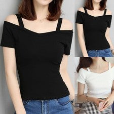 Camiseta sin hombros Sling para mujer manga corta para ocio parte superior verano moda