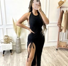 Maxi Vestido Para Mujer Moda Boutique Negro Halter Acanalado Frontal Ajustable Abertura