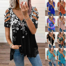 Verano Nueva Moda Para Mujer Cuello en V Cremallera Estampado Manga Corta Camiseta Suelta