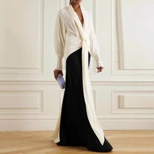 Vestido informal de moda para mujer cuello en V manga larga cintura alta y falda larga