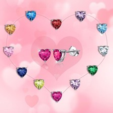 Pendientes Plata 925 Corazón con Circonitas en Colores Piedra de Nacimiento, Pendientes Mujer