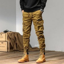 Pantalones informales retro estilo americano para hombre de varios bolsillos con bandas al tobillo de algodón de moda