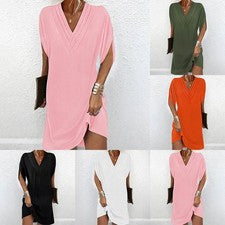 Vestido para mujer en capas color liso cuello en V media manga falda corta suelta