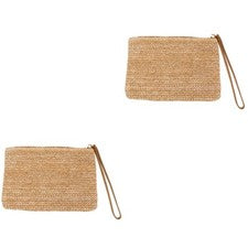 2 Piezas Bolso de Paja para Teléfono Móvil Cremallera Bolso de Mano Muñequera Cartera para Dama